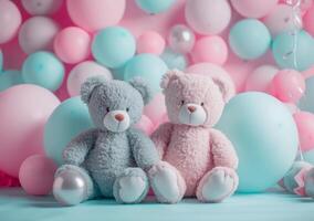 ai generado osito de peluche osos y globos en un rosado antecedentes para bebé niña foto