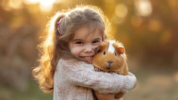 ai generado pequeño niña participación un linda Guinea cerdo en su brazos foto