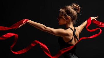 ai generado niña gimnasta en un negro traje bailes con un rojo cinta foto