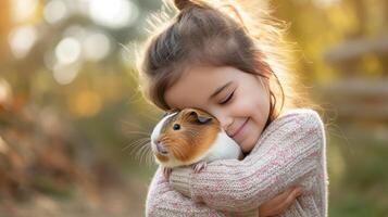 AI generated Little girl holding a cute guinea pig in her arms photo