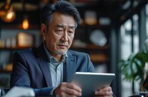 AI generated asian business man sitting at desk with tablet computer photo