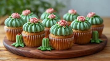 AI generated Delicious cupcakes in the shape of cacti photo
