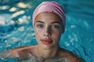 ai generado un niña en un nadando gorra nada en un azul piscina foto