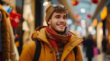 ai generado un joven hombre delicias en compras para regalos a el centro comercial. foto