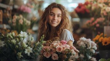 ai generado Rizado niña florista recoge un hermosa ramo de flores para el novia en un flor tienda en un francés calle foto