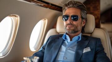 AI generated elegant business man sitting in luxury business jet photo