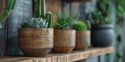 AI generated wooden wooden pots with cactuses hanging on wooden ledge photo