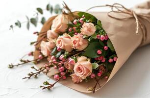 ai generado pequeño flor ramo de flores y envase papel con flores en blanco antecedentes aislado en blanco, foto