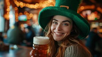 ai generado joven alegre mujer en un grande verde duende sombrero bebidas cerveza en un irlandesa pub foto