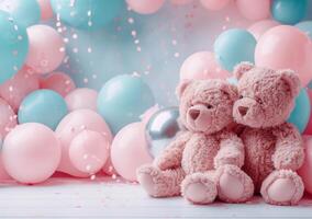 ai generado osito de peluche osos y globos en un rosado antecedentes para bebé niña foto