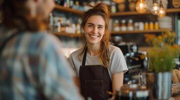 ai generado un alegre barista atractivo en conversacion con un invitado a el bar mostrador foto