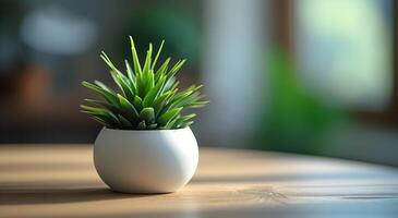 ai generado un blanco en conserva planta es sentado en un mesa foto