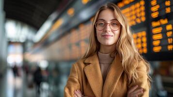 AI generated A Content Businesswoman Poses Confidently in Front of a Train Station Information Board photo