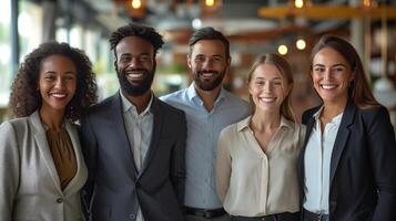 ai generado un multirracial negocio equipo en el oficina, sonriente a el cámara foto