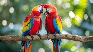 AI generated two colorful parrots are sitting together on a branch photo