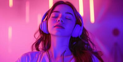AI generated a girl has headphones on and is dancing in front of a purple background photo