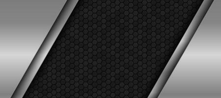 The dark background consists of reflective metallic lines. hexagonal metal texture background vector