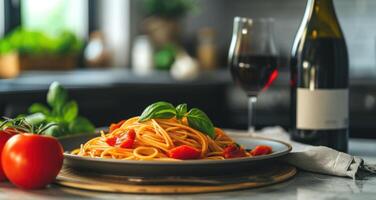 AI generated some spaghetti on a plate on a dark background photo