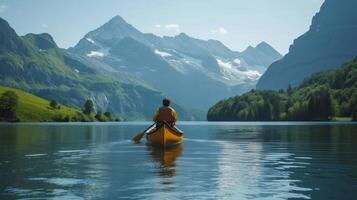 AI generated A young man jumps on a canoe on the mountain range in Switzerland photo