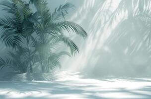 AI generated a background of a white room with a silhouette of a tropical tree photo