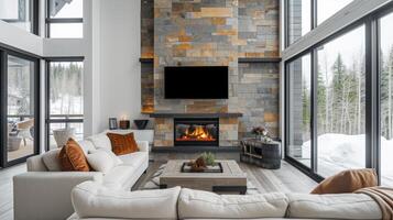 AI generated Contemporary Fireplace with Stone Tiles photo