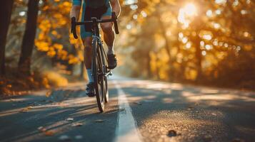 ai generado enfocado ciclista formación en estacionario bicicleta foto