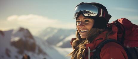 AI generated girl in winter snowboarding clothes rides on the slope with a smile photo