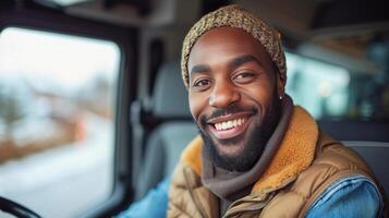 AI generated Joyful African American Driver Exiting Truck and Facing Camera photo