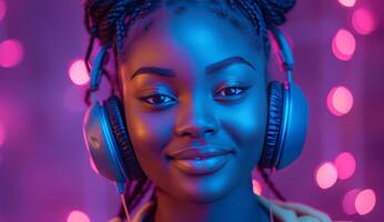 AI generated a young woman is listening to music while smiling at the camera with headphones photo