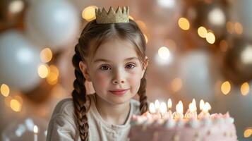 ai generado niña en princesa corona con dos coletas se sienta cerca un grande rosado pastel con 5 5 velas foto