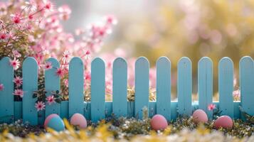 AI generated A serene garden scene with a pastel-painted wooden fence, perfect for an Easter egg hunt photo