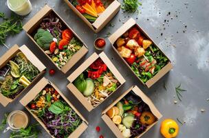 ai generado un selección de sano comida en el cajas foto