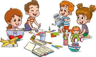 Children drawing with pencils and paints. Vector illustration of a group of children.little cute kids cut paper for art with friend.