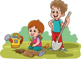 vector illustration of kids planting trees in the garden