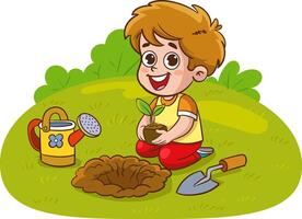 vector illustration of kids planting trees in the garden