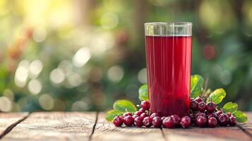 AI generated a glass of cowberry juice next to cowberries on a wooden table. blurred background of summer garden from behind photo