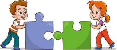 vector illustration of two kids connecting puzzle elements