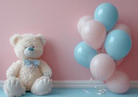 ai generado un osito de peluche oso y globos estar siguiente a un rosado pared foto