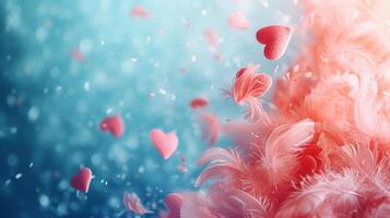 AI generated A surreal background with floating hearts and feathers, capturing the whimsy of love photo