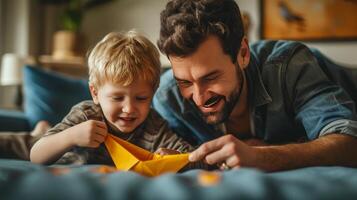 AI generated Dad and little son swearing at a paper boat photo