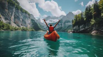 ai generado un joven hombre saltos en un canoa en el montaña rango en Suiza foto