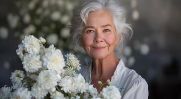 AI generated a female older woman holding up a bunch of flowers photo