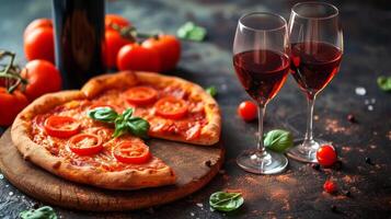 ai generado un corazón en forma Pizza y vino lentes es metido en un oscuro mesa foto