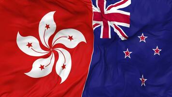 hong kong y nuevo Zelanda banderas juntos sin costura bucle fondo, serpenteado bache textura paño ondulación lento movimiento, 3d representación video