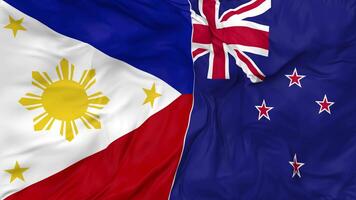 Philippines and New Zealand Flags Together Seamless Looping Background, Looped Bump Texture Cloth Waving Slow Motion, 3D Rendering video