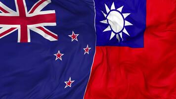 Taiwán y nuevo Zelanda banderas juntos sin costura bucle fondo, serpenteado bache textura paño ondulación lento movimiento, 3d representación video
