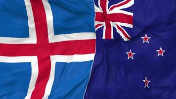 Island und Neu Neuseeland Flaggen zusammen nahtlos Schleifen Hintergrund, geloopt stoßen Textur Stoff winken schleppend Bewegung, 3d Rendern video