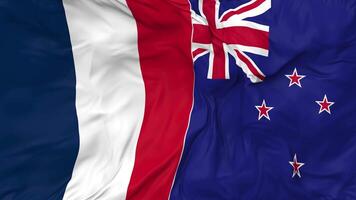 França e Novo zelândia bandeiras juntos desatado looping fundo, em loop colisão textura pano acenando lento movimento, 3d Renderização video