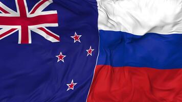 Russia and New Zealand Flags Together Seamless Looping Background, Looped Bump Texture Cloth Waving Slow Motion, 3D Rendering video