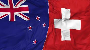 Switzerland and New Zealand Flags Together Seamless Looping Background, Looped Bump Texture Cloth Waving Slow Motion, 3D Rendering video
